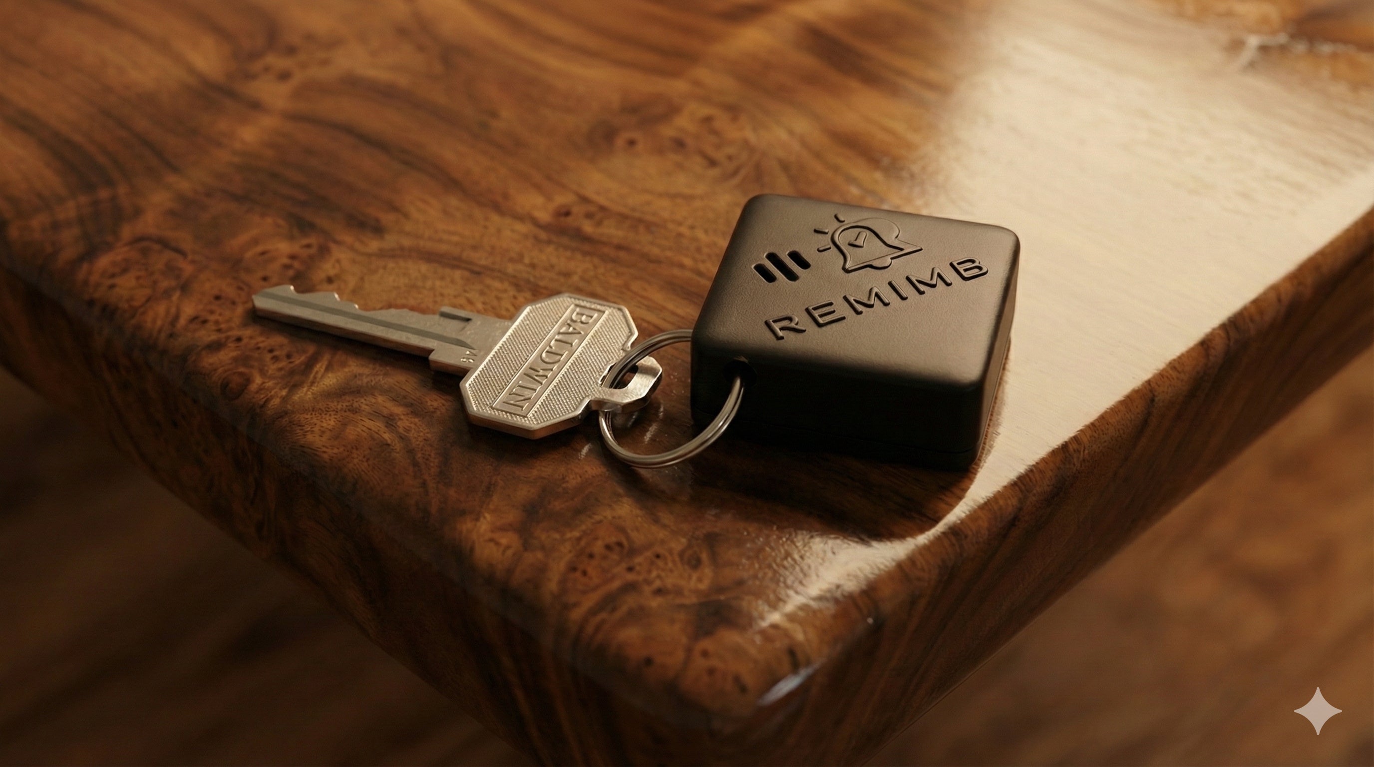 Key and keychain with 'REMIMB' logo on a wooden surface